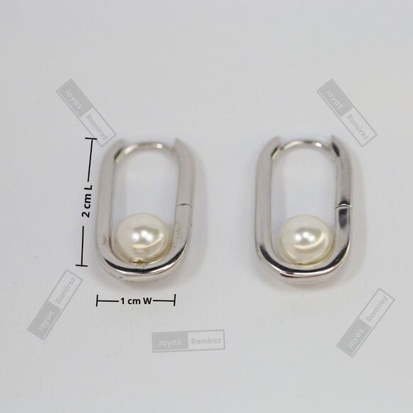 Sterling Silver Oval Pearl Earrings • Rhodium Finish • 2 cm Lightweight Design. - Picture 7 of 7